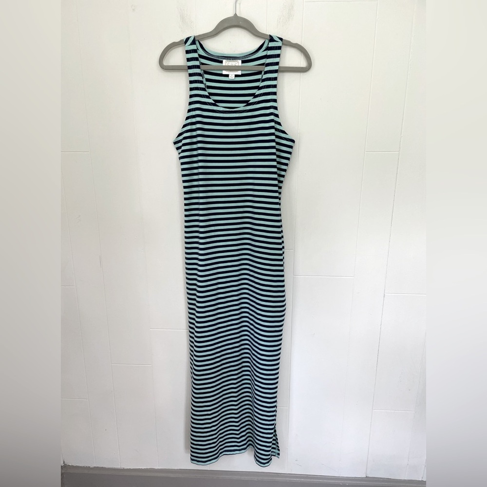 STS Sail To Sable Striped Maxi Dress Sleeveless Side Slits Nautical ~ Size M